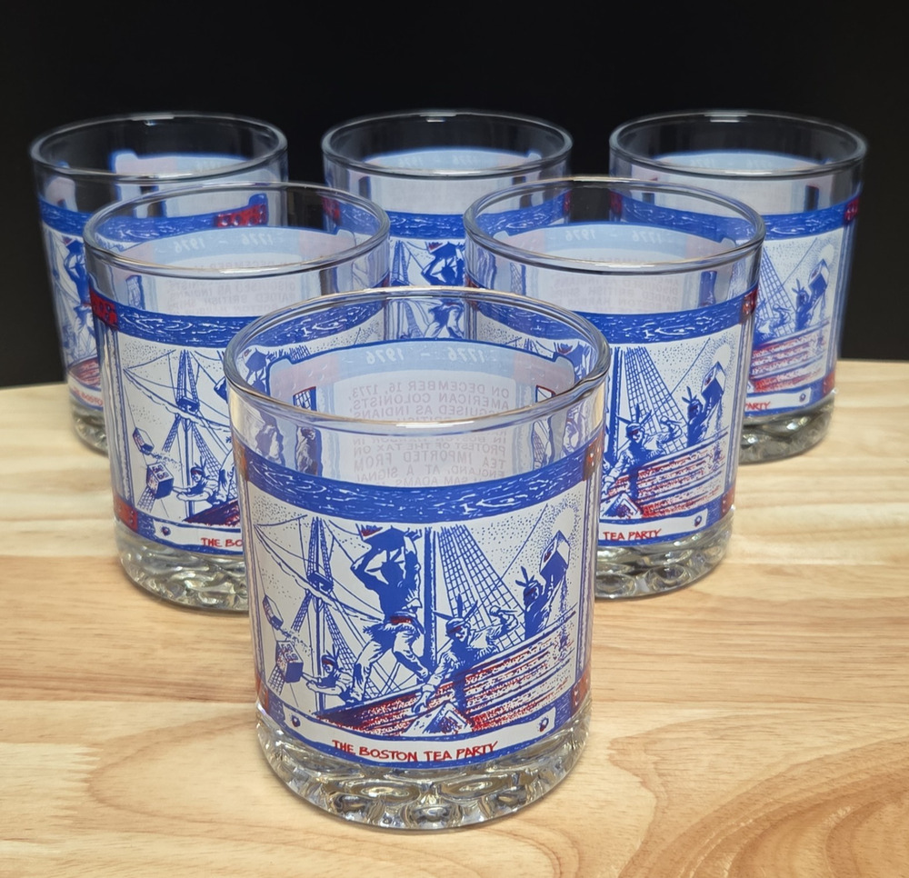 Bicentennial Boston Tea Party 10oz Rock Glass Set of 6 Patriotic 4th of July